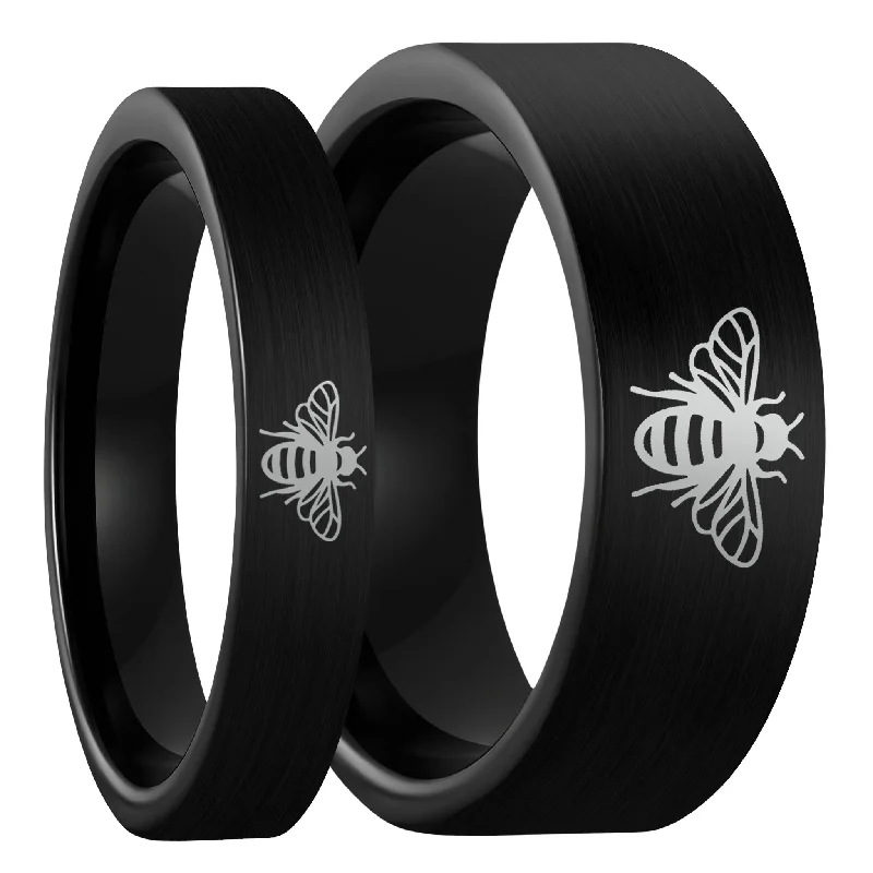 Women’s platinum rings-Bee Brushed Black Tungsten Couple's Matching Wedding Band Set