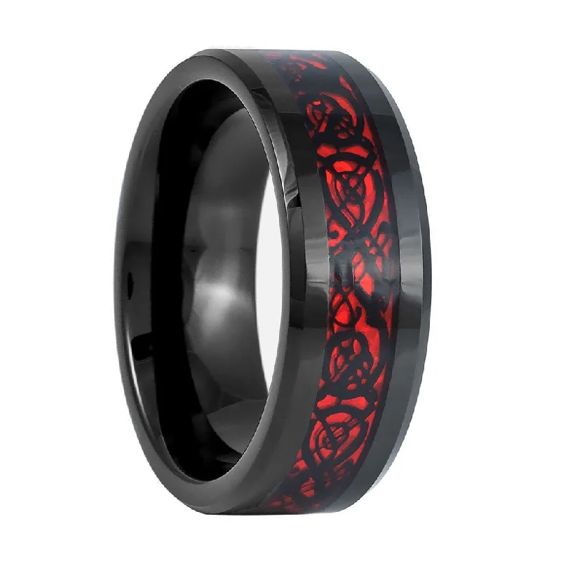 Women’s halo diamond rings-Black Tungsten Men's Wedding Band with Red Celtic Dragon Inlay