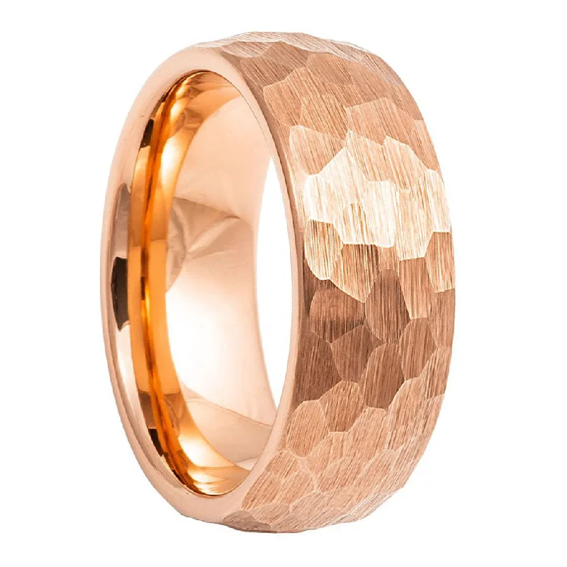 Women’s wedding rings with gemstones-Hammered Rose Gold Brushed Tungsten Men's Wedding Band