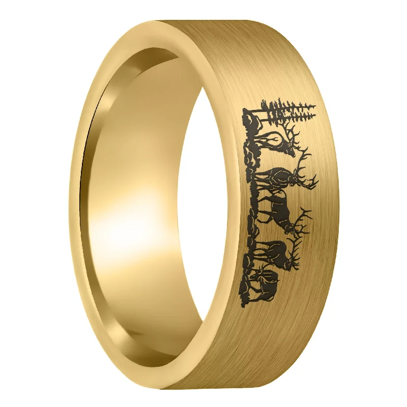 Women’s large diamond rings-Bull Elk Brushed Gold Tungsten Men's Wedding Band