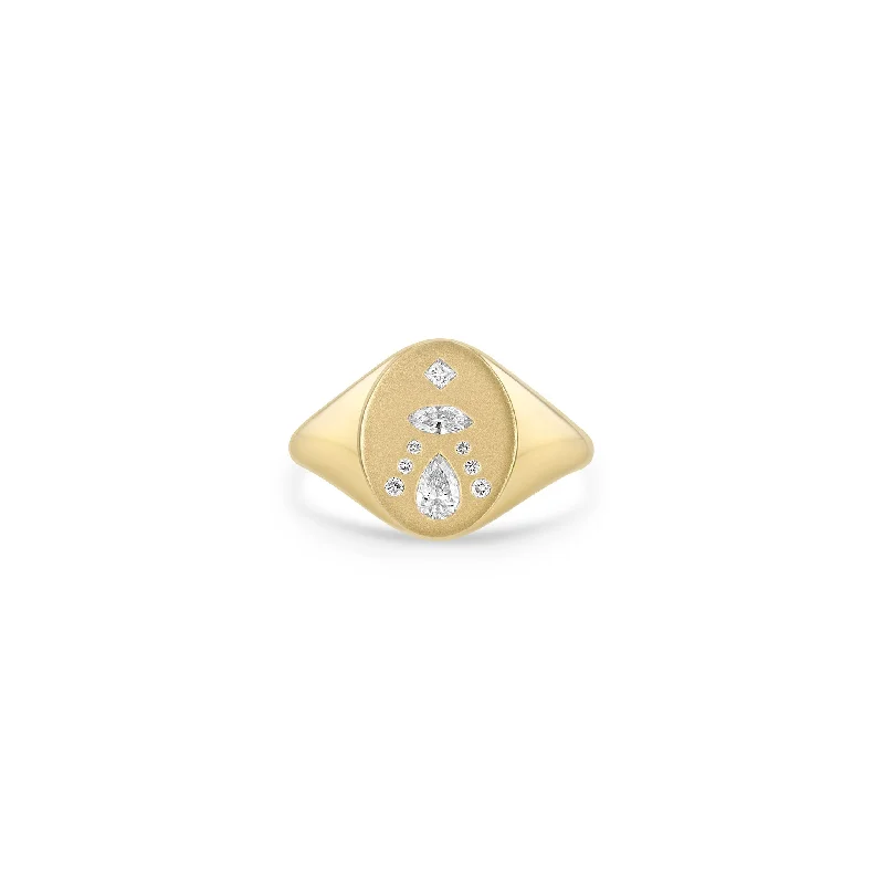 Women’s white gold engagement rings-14k Diamond Mosaic Brushed Gold Oval Signet Ring