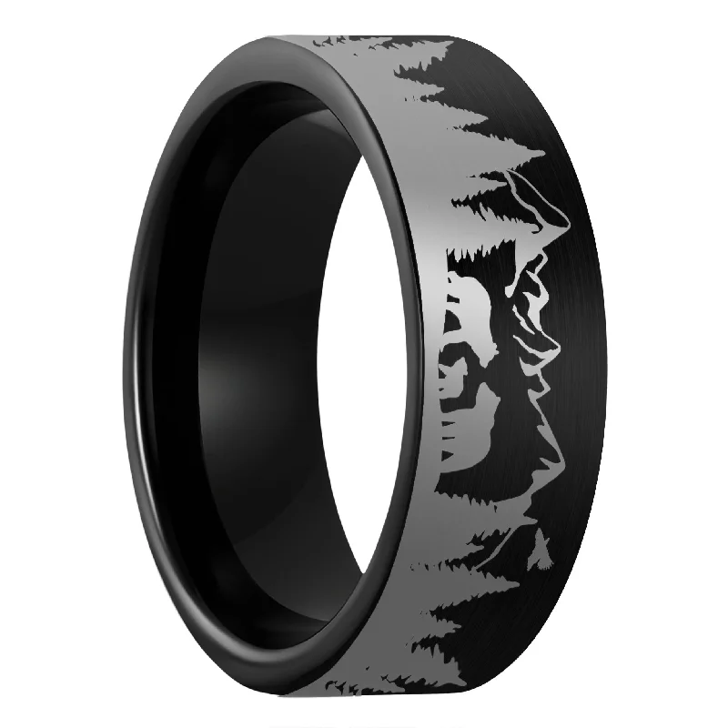 Women’s fashion rings-Bear Cubs Landscape Scene Brushed Black Tungsten Men's Wedding Band