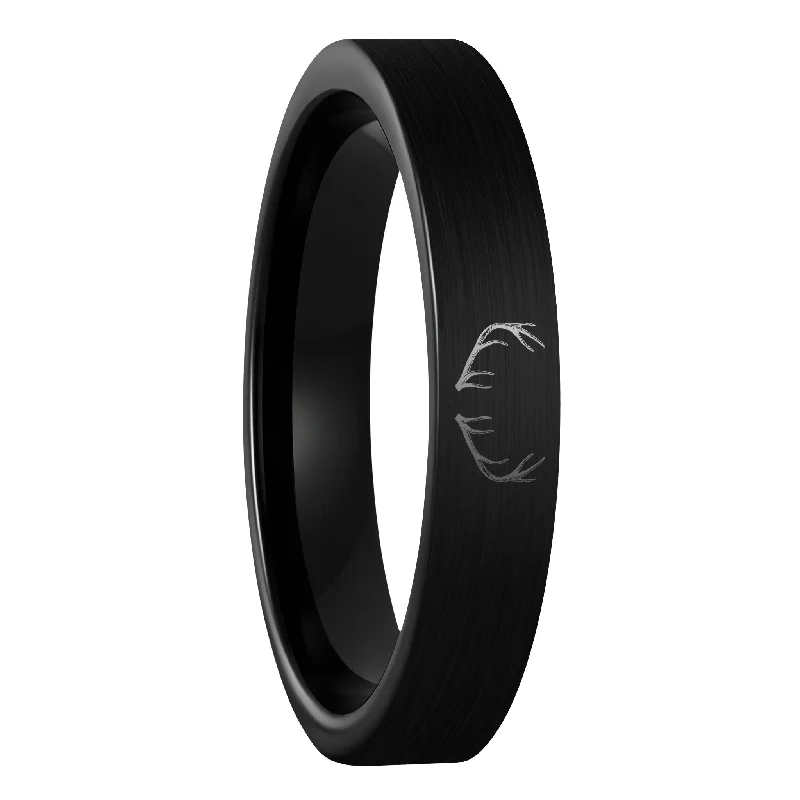 Women’s diamond band rings-Antler Engraved Brushed Black Tungsten Women's Wedding Band