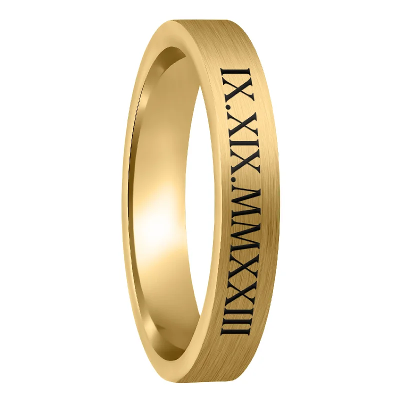 Women’s rings with colored stones-Roman Numeral Date Brushed Gold Tungsten Women's Wedding Band