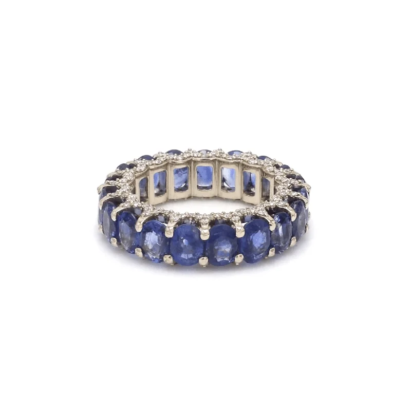 Women’s channel set engagement rings-14K or 18K Gold blue Sapphire and Pave Diamond Eternity Band