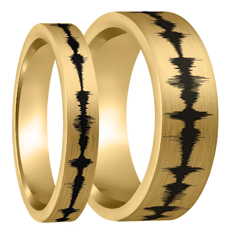 Women’s wedding band rings-Custom Soundwave Brushed Gold Tungsten Couple's Matching Ring Set