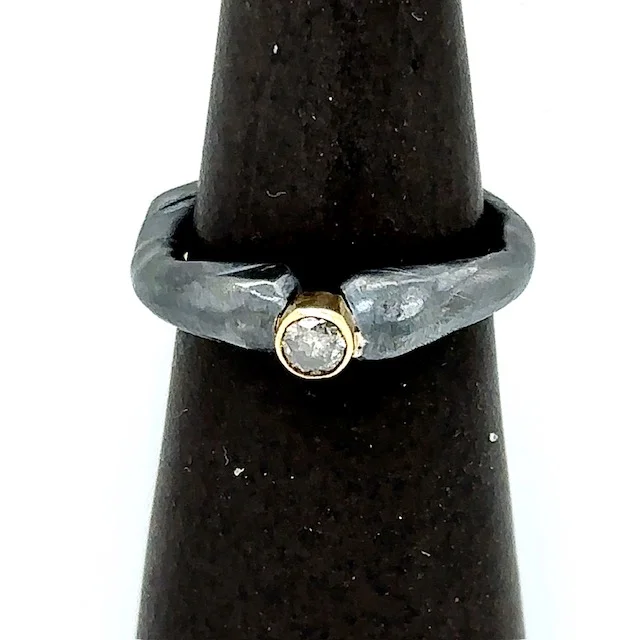 Women’s minimalist gold engagement rings-Devotion Ring in Oxidized Silver with Salt & Pepper Diamond