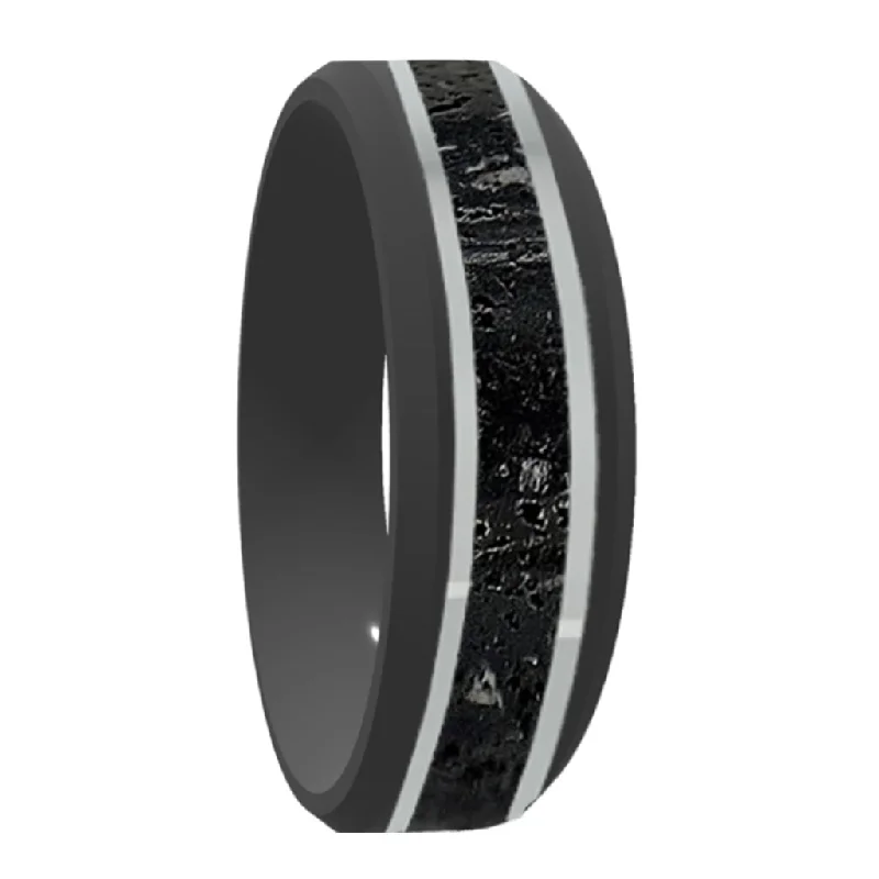 Women’s platinum solitaire rings-Zirconium Wedding Band with Lava Rock & Sterling Silver Inlays