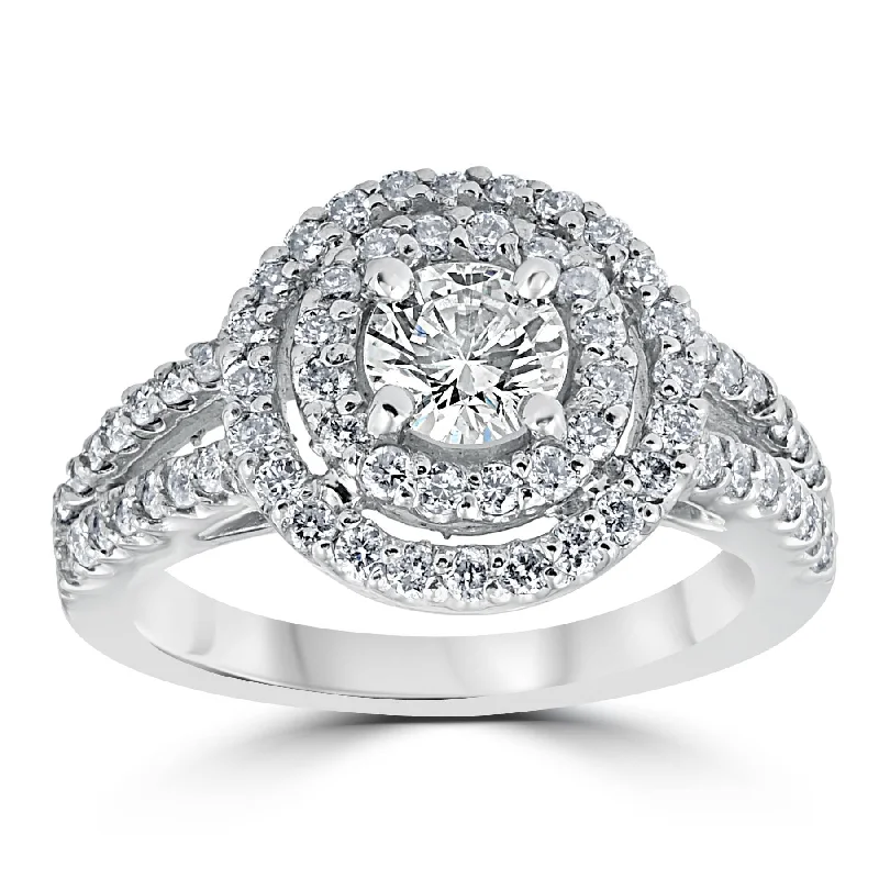 Women’s vintage engagement rings-1 1/2 cttw Pave Double Halo Round Brilliant Cut Engagement Ring 14K White Gold