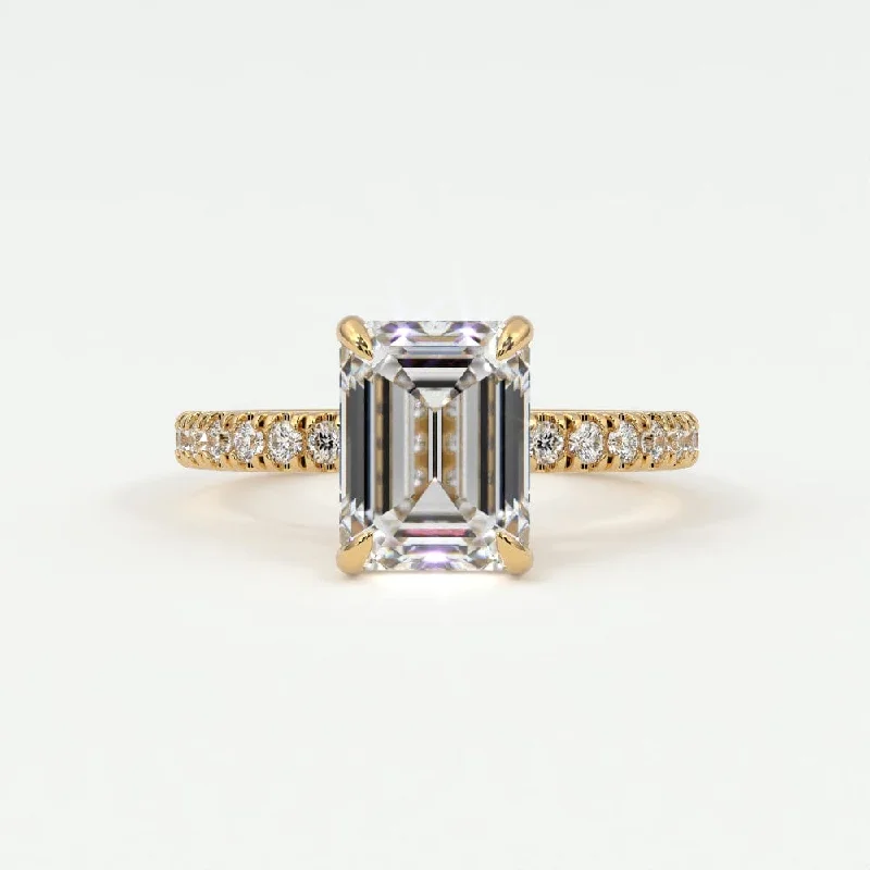 Women’s emerald diamond engagement rings-Emerald Cut Pave Diamond Single Row, Hidden Halo