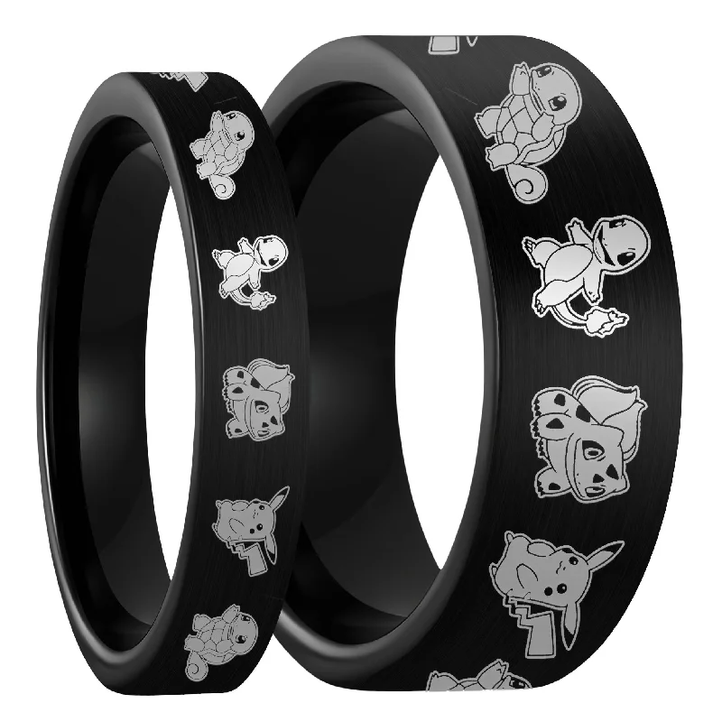 Women’s personalized name rings-Pokemon Brushed Black Tungsten Couple's Matching Wedding Band Set