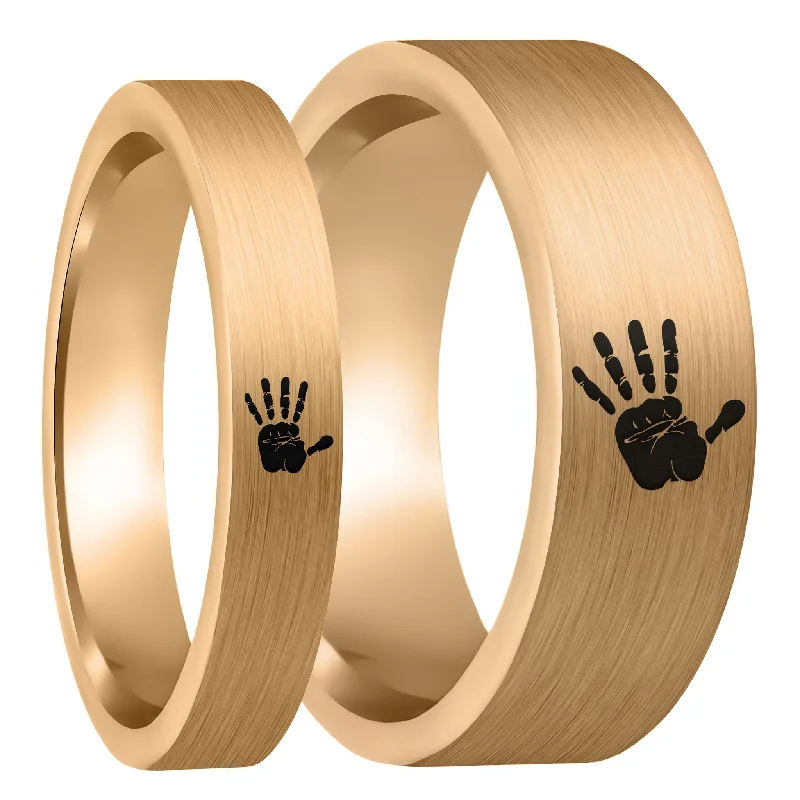 Women’s rings with diamonds and sapphires-Custom Handprint Brushed Rose Gold Tungsten Couple's Matching Ring Set