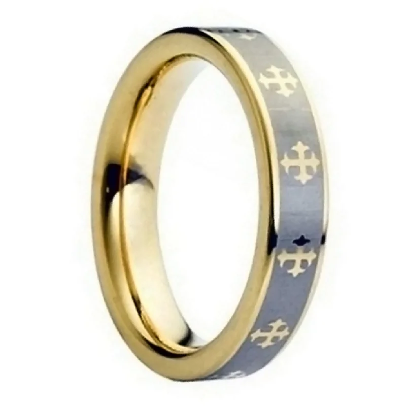 Women’s antique-style rings-Gold Cross Engraved Tungsten Men's Wedding Band