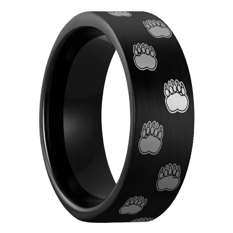 Diamond rings for women-Bear Paw Print Brushed Black Tungsten Men's Ring