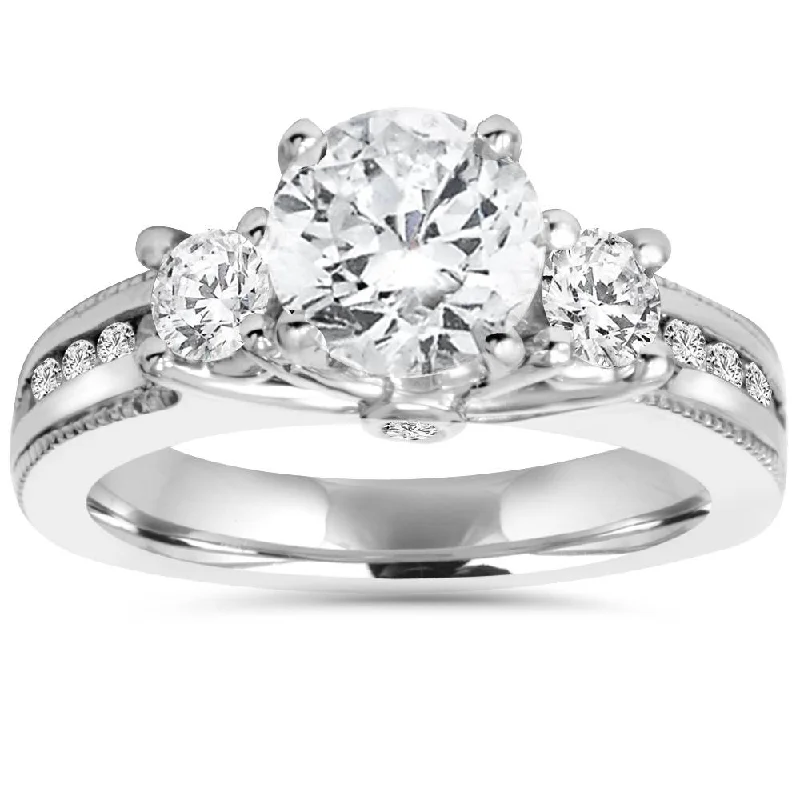 Women’s side diamond engagement rings-2 ct 3-Stone Round Diamond Engagement Ring 14k White Gold Milgrain Accent