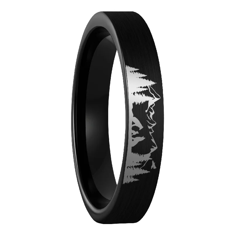 Women’s wedding ring sets-Wolf Landscape Scene Brushed Black Tungsten Women's Wedding Band