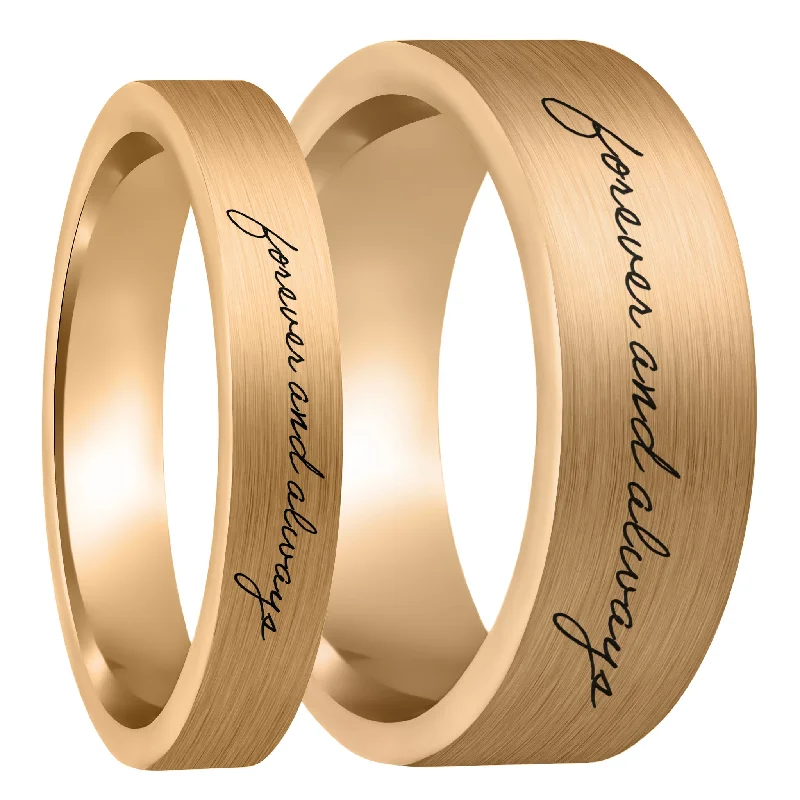 Women’s wedding rings with diamonds-Custom Handwriting Brushed Rose Gold Tungsten Couple's Matching Ring Set