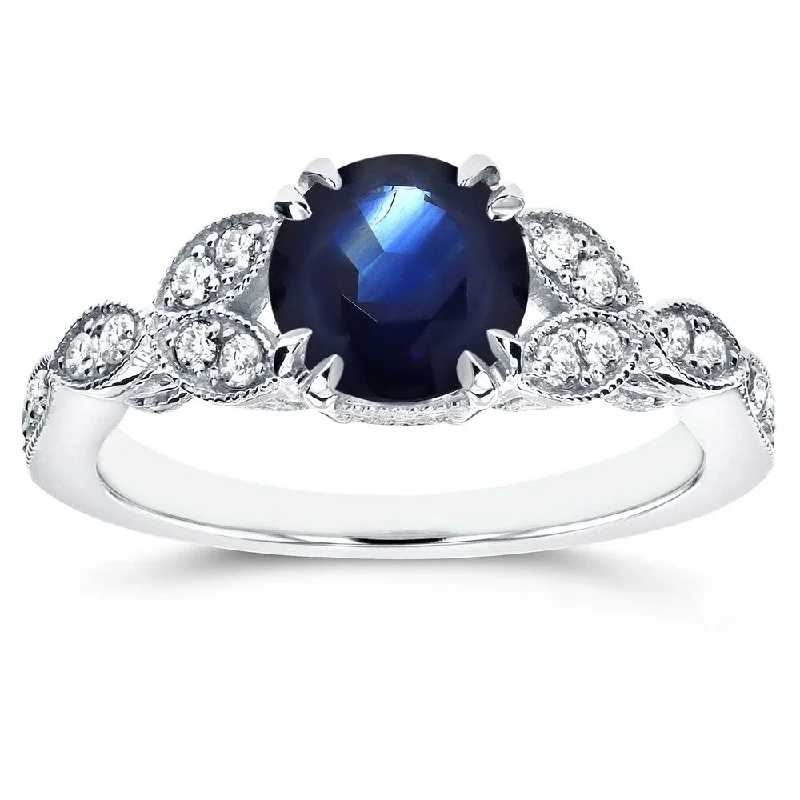 Women’s radiant-cut engagement rings-Annello by Kobelli 14k White Gold Blue Sapphire and 1/5ct TDW Diamond Antique Engagement Ring