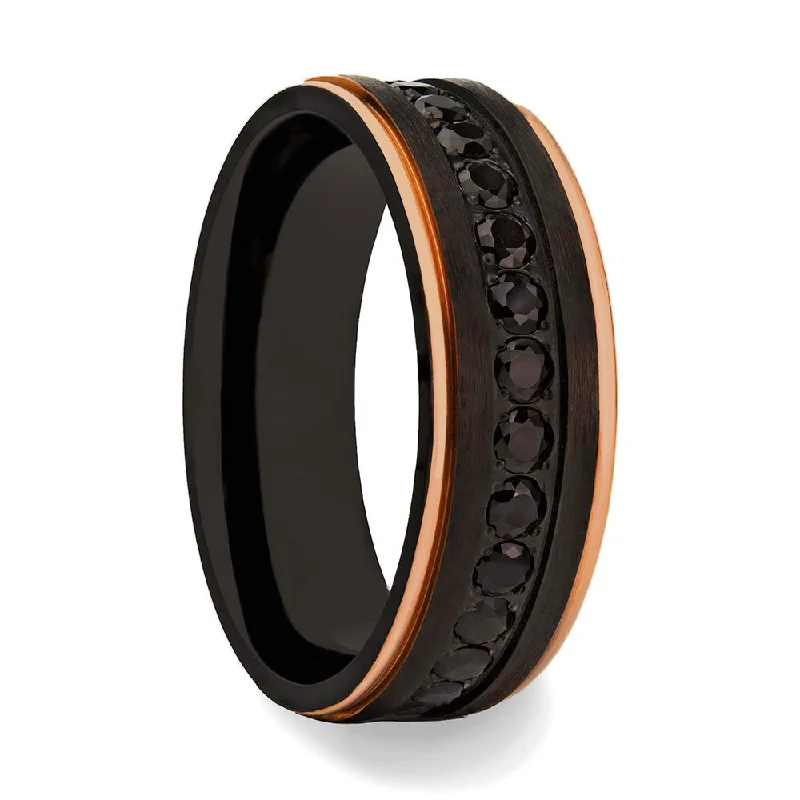 Women’s pearl and diamond rings-Black Titanium Men's Wedding Band with Rose Gold Edges & Black Gemstones