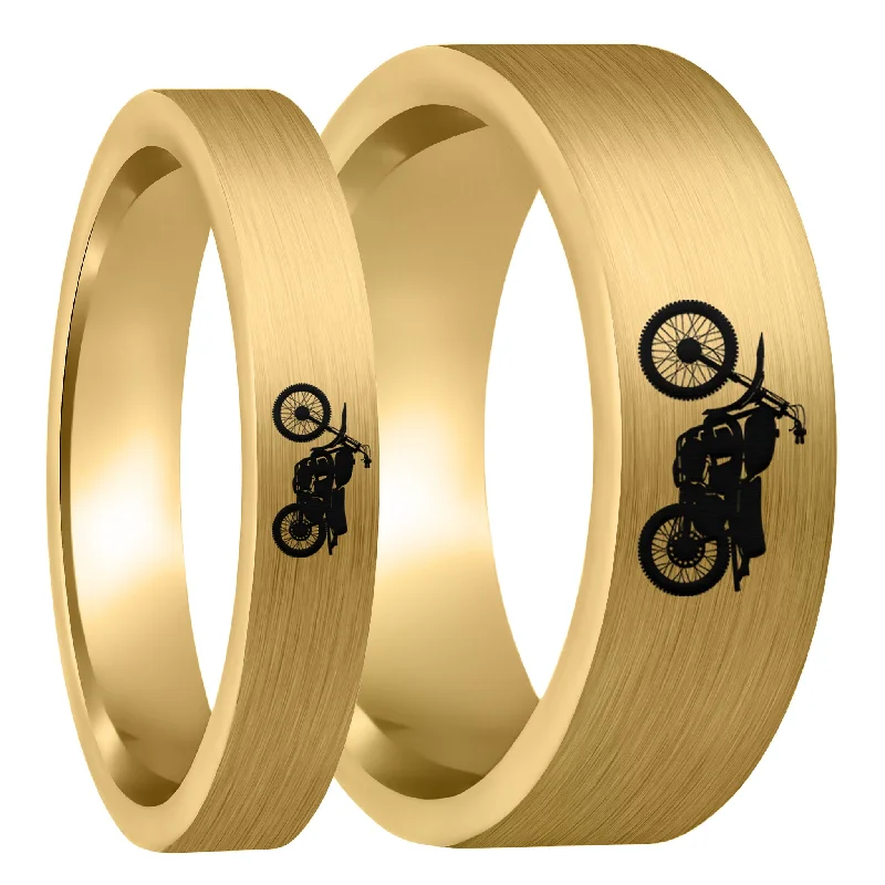 Women’s double band rings-Dirt Bike Brushed Gold Tungsten Couple's Matching Wedding Band Set