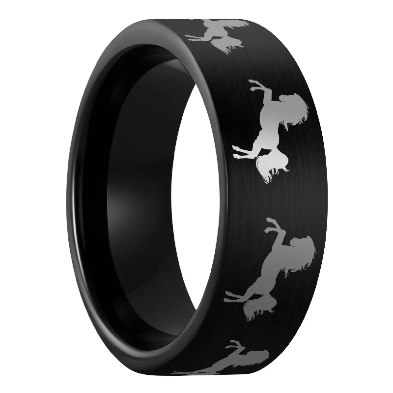 Women’s rings with emerald stones-Rearing Horse Brushed Black Tungsten Men's Wedding Band