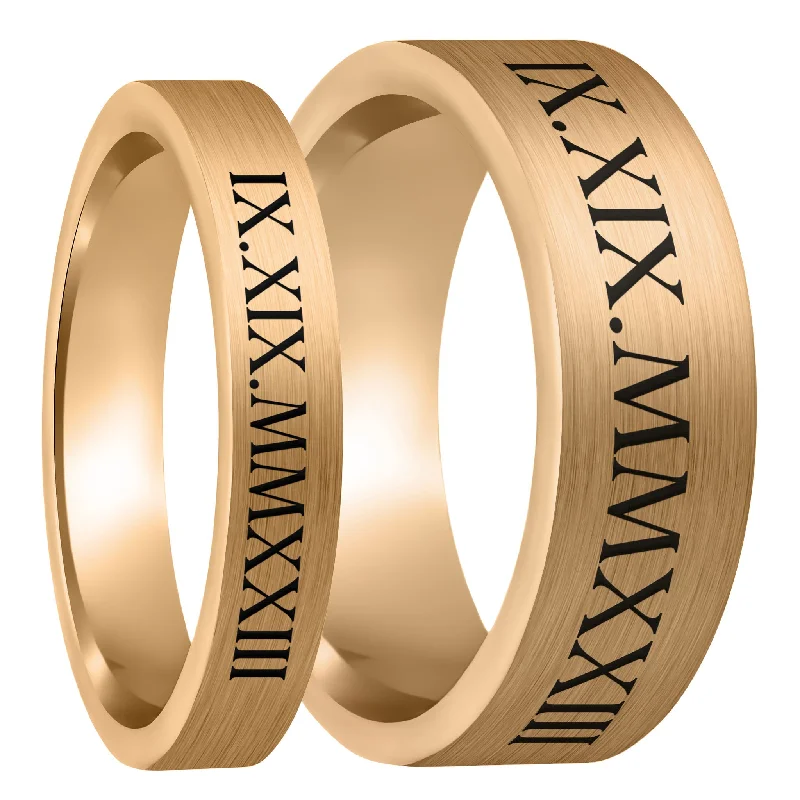 Diamond rings for women-Roman Numeral Date Brushed Rose Gold Tungsten Couple's Matching Wedding Band Set