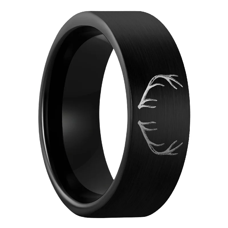 Women’s eternity rings-Antler Engraved Brushed Black Tungsten Men's Wedding Band