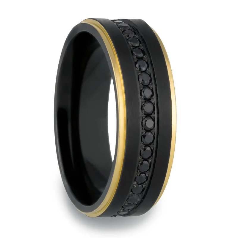 Women’s platinum solitaire rings-Black Titanium Men's Wedding Band with Yellow Gold Edges & Sapphires