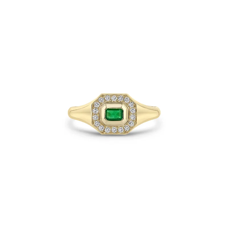 Women’s alternative engagement rings-14k Emerald Cut Emerald Diamond Halo Signet Ring