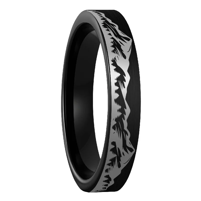 Trendy rings for women-Mountain Range Forest Brushed Black Tungsten Women's Wedding Band