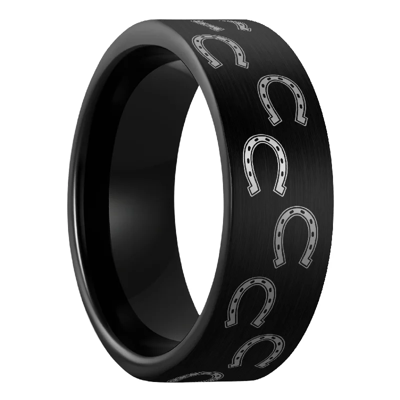 Women’s handcrafted rings-Horseshoes Brushed Black Tungsten Men's Wedding Band