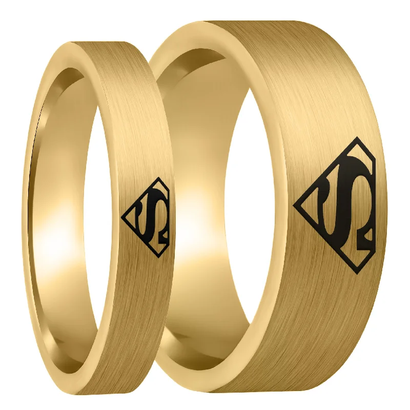 Women’s diamond halo rings-Superman Brushed Gold Tungsten Couple's Matching Wedding Band Set