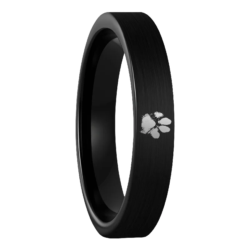 Women’s eternity diamond rings-Custom Paw Print Brushed Black Tungsten Women's Ring