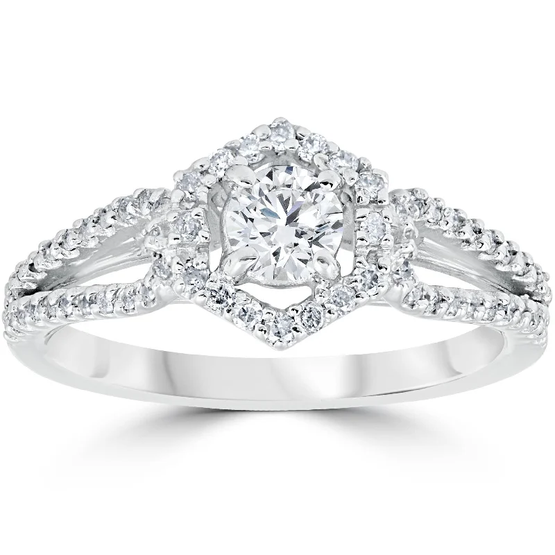 Women’s oval engagement rings-5/8CT Diamond Vintage Halo Engagement Ring 14K White Gold