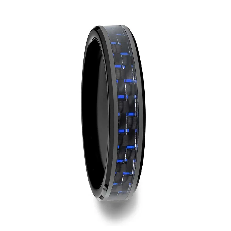 Women’s gemstone rings-Black Ceramic Women's Wedding Band with Blue & Black Carbon Fiber Inlay