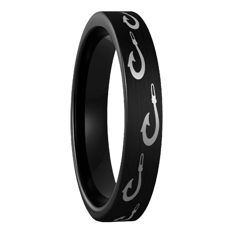 Women’s stacking rings-Polynesian Fishing Hook Brushed Black Tungsten Women's Wedding Band