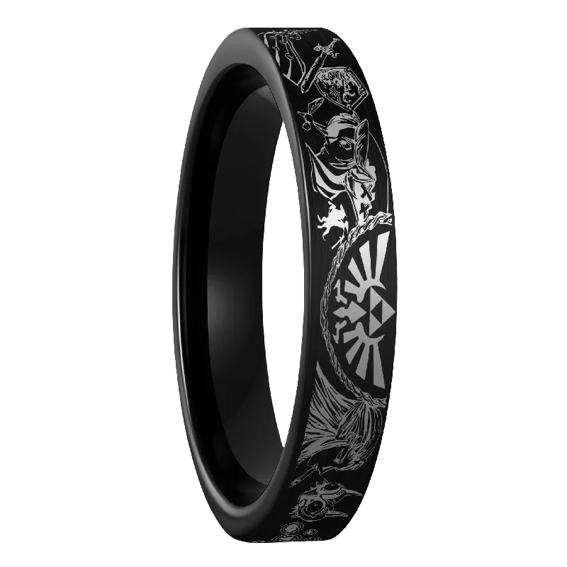 Women’s cocktail rings-Legend of Zelda Brushed Black Tungsten Women's Wedding Band