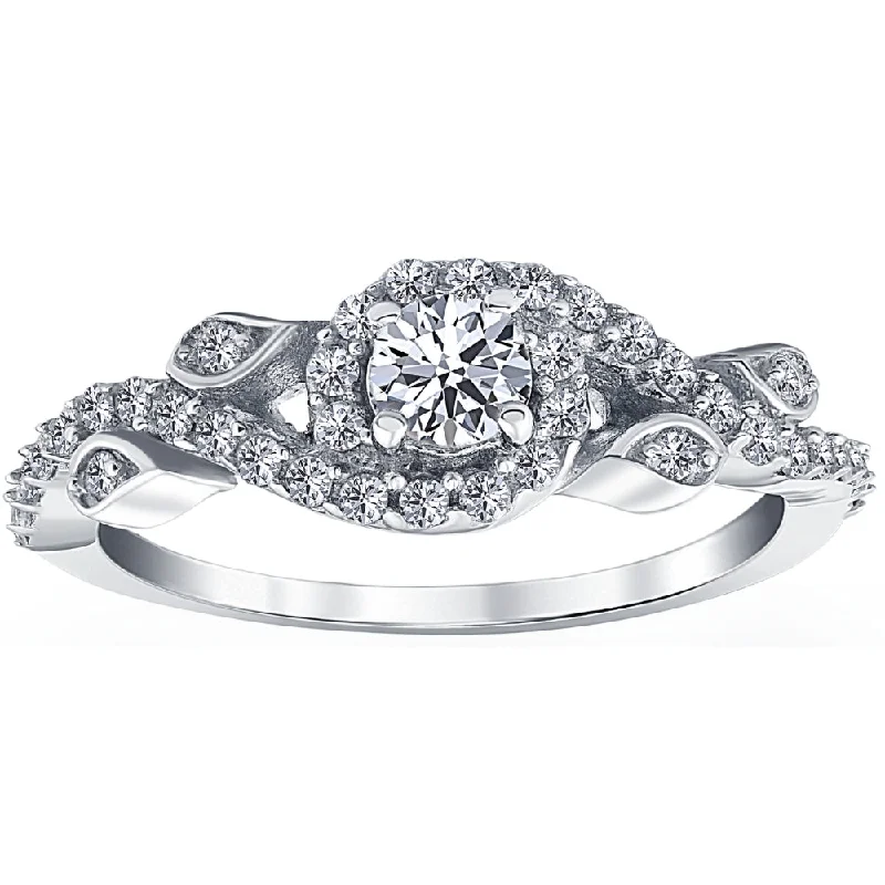 Women’s double-band engagement rings-5/8ct Vintage Diamond Floral Halo Engagement Ring 14K White Gold