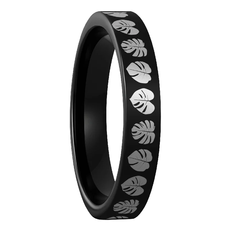 Women’s 14k gold rings-Monsterra Leaves Black Tungsten Women's Wedding Band