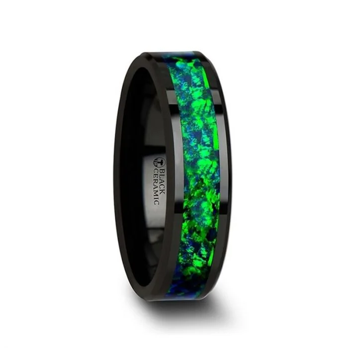 Women’s classic solitaire rings-Black Ceramic Women's Wedding Band with Green & Blue Opal Inlay