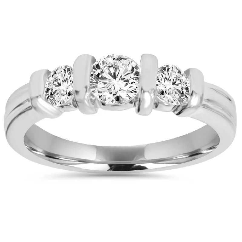 Women’s pear-shaped engagement rings-1 Cttw 3-Stone Natural Diamond Engagement Ring Bar Set 10K White Gold Band