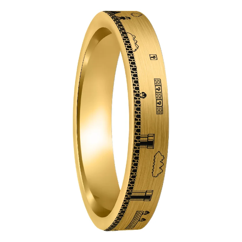 Women’s rings with colored stones-Super Mario Bros Brushed Gold Tungsten Women's Wedding Band