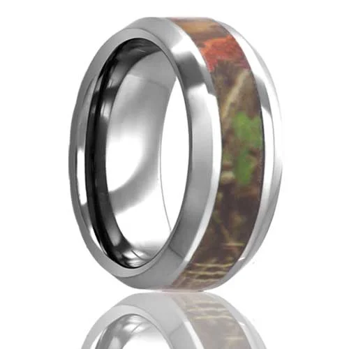 Women’s anniversary rings-Tree Camo Inlay Tungsten Men's Wedding Band with Beveled Edges