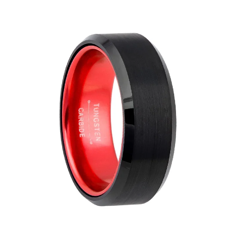 Women’s statement rings-Flat Black Tungsten Men's Wedding Band with Contrasting Red Interior