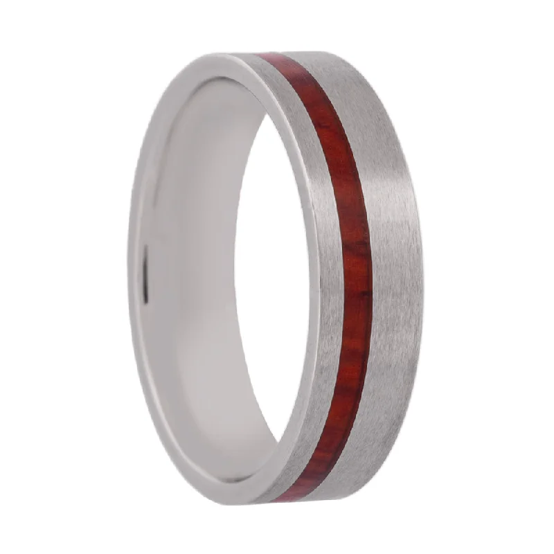 Women’s silver rings-Titanium Wedding Band with Asymmetrical Wood Inlay