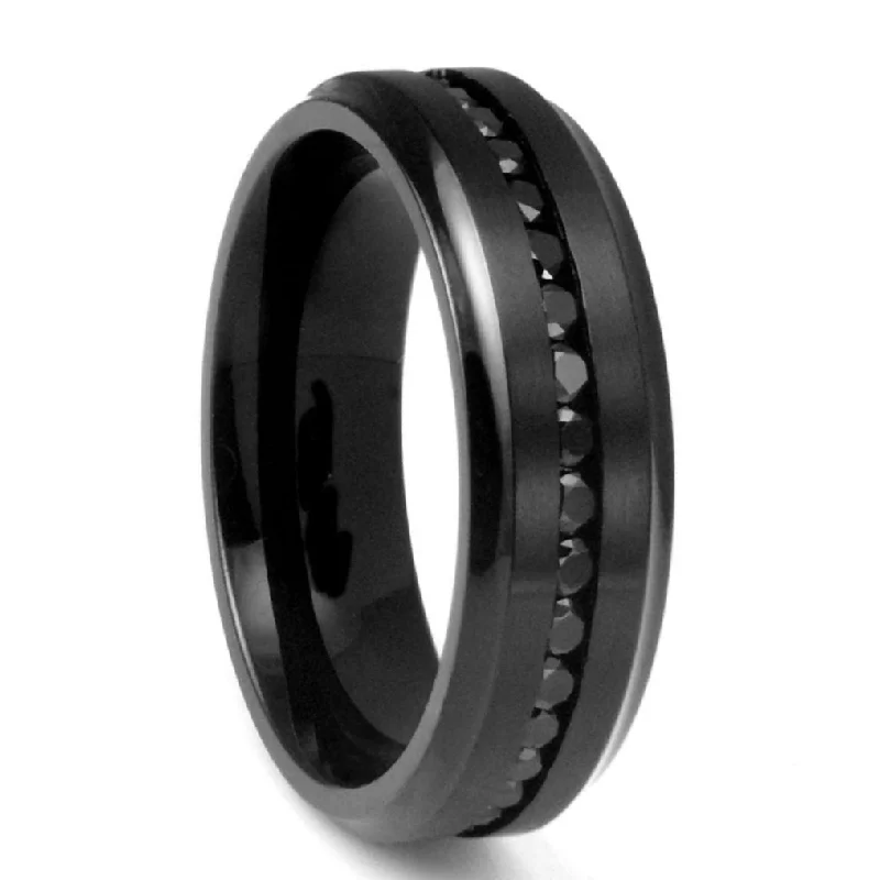 Women’s halo diamond rings-Black Titanium Wedding Band with Black Cubic Zirconia