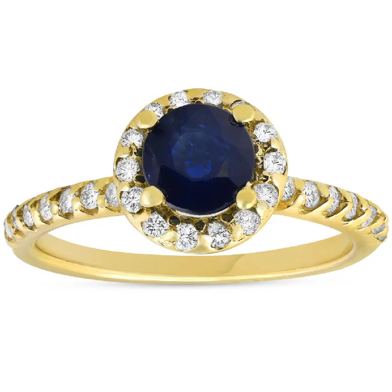 Women’s solitaire engagement rings-1ct Blue Sapphire & Diamond Halo Engagement Ring 14K Yellow Gold