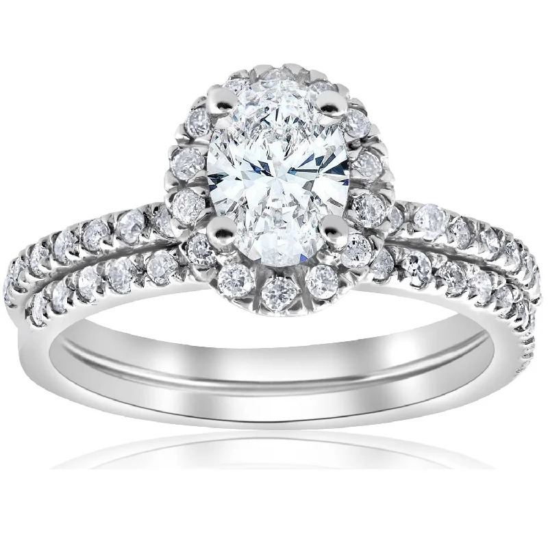 Women’s twisted band engagement rings-1 1/3 ct Oval Halo Diamond Engagement Wedding Ring Set 14k White Gold