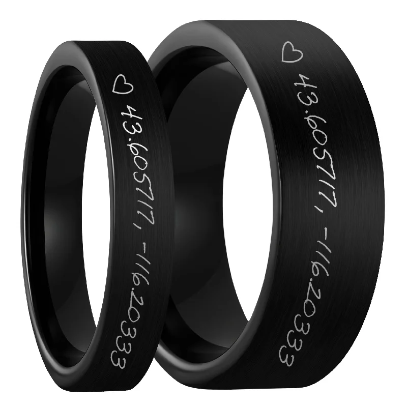 Women’s large statement rings-Custom Handwritten Coordinates Brushed Black Tungsten Couple's Matching Ring Set