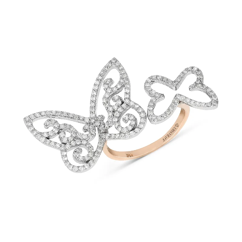 Women’s hidden halo engagement rings-Rose Gold Diamond Open Centered Double Butterfly Ring